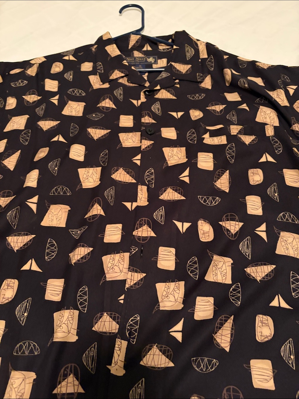 Black Button-Up Shirt with Beige Geometric Print